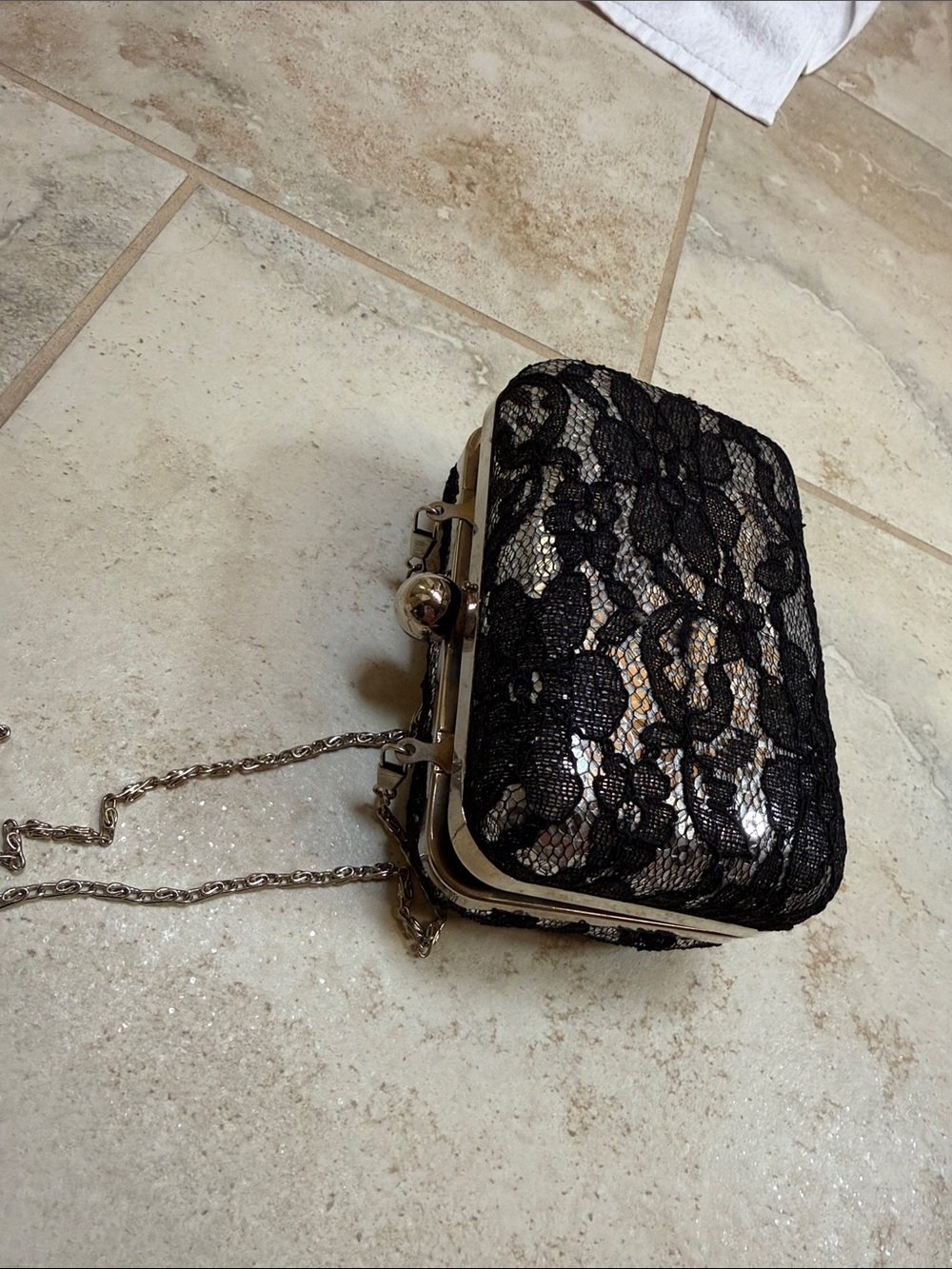 Black Lace Overlay Metallic Clutch with Chain Strap